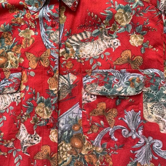 Hunt Club Women's Medium Red Nature Themed Collared Long Sleeve Button Up Top - Picture 7 of 16